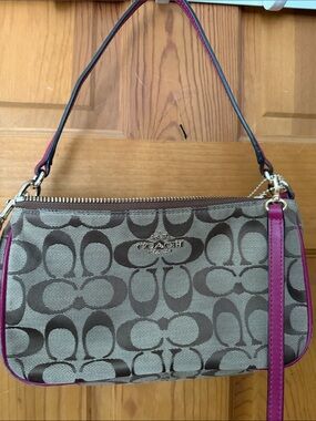 Coach Brown Signature Canvas Shoulder Bag with Pink Trim